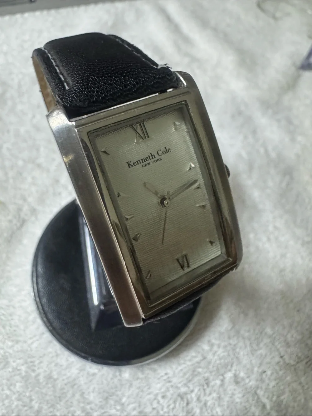 Kenneth Cole Silver Rectangular Case Watch with Black Leather Strap